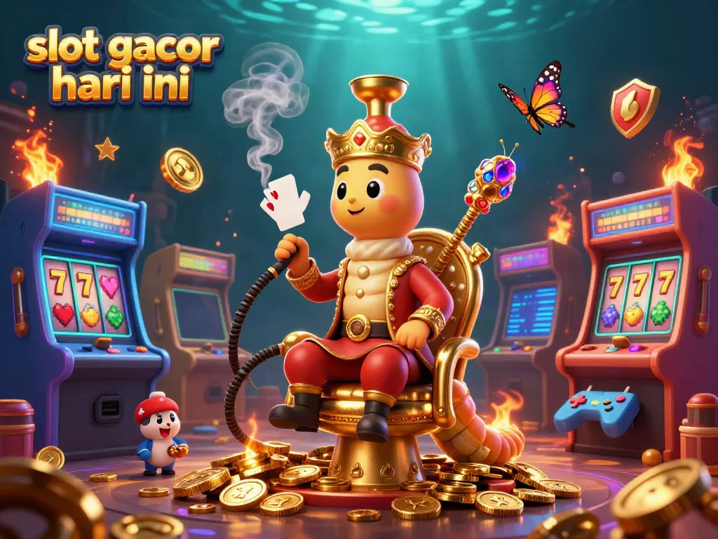 Engage with slot gacor hari ini by exploring colorful arcade machines and vibrant casino symbols in a magical scene.