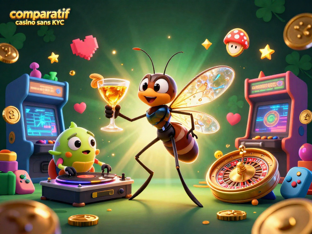 Comparatif casino sans KYC : illustration d'un moustique mascotte de casino et éléments de jeu