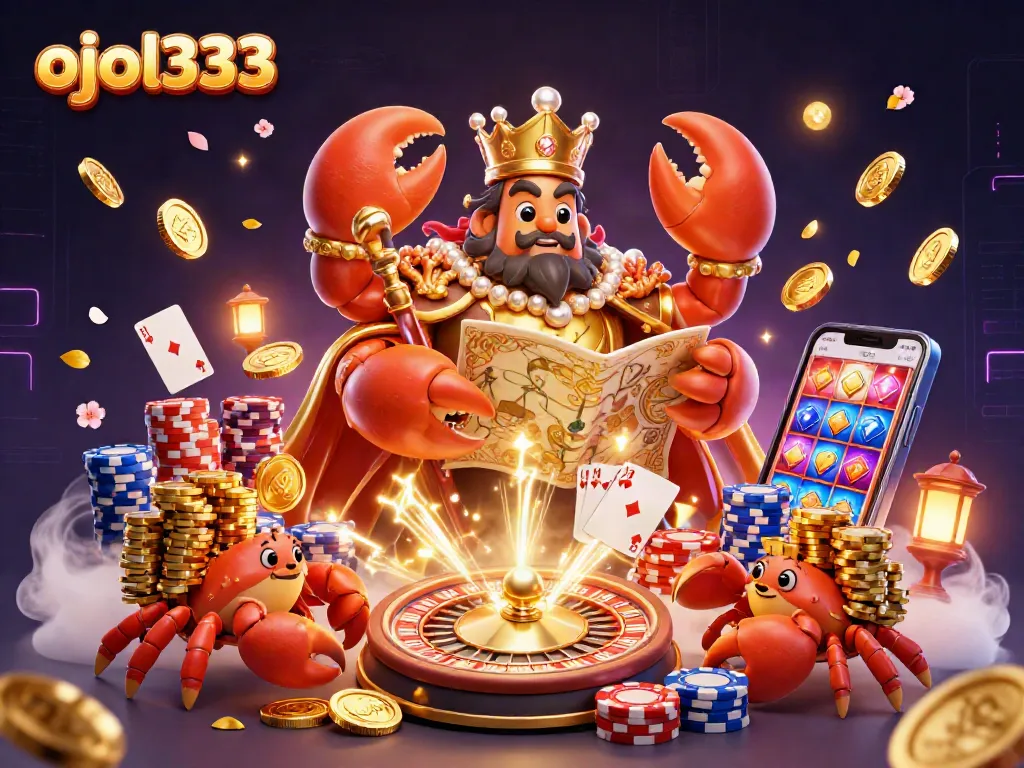 Experience thrilling gameplay with ojol333 as the golden crab emperor and treasure-filled scene come to life.