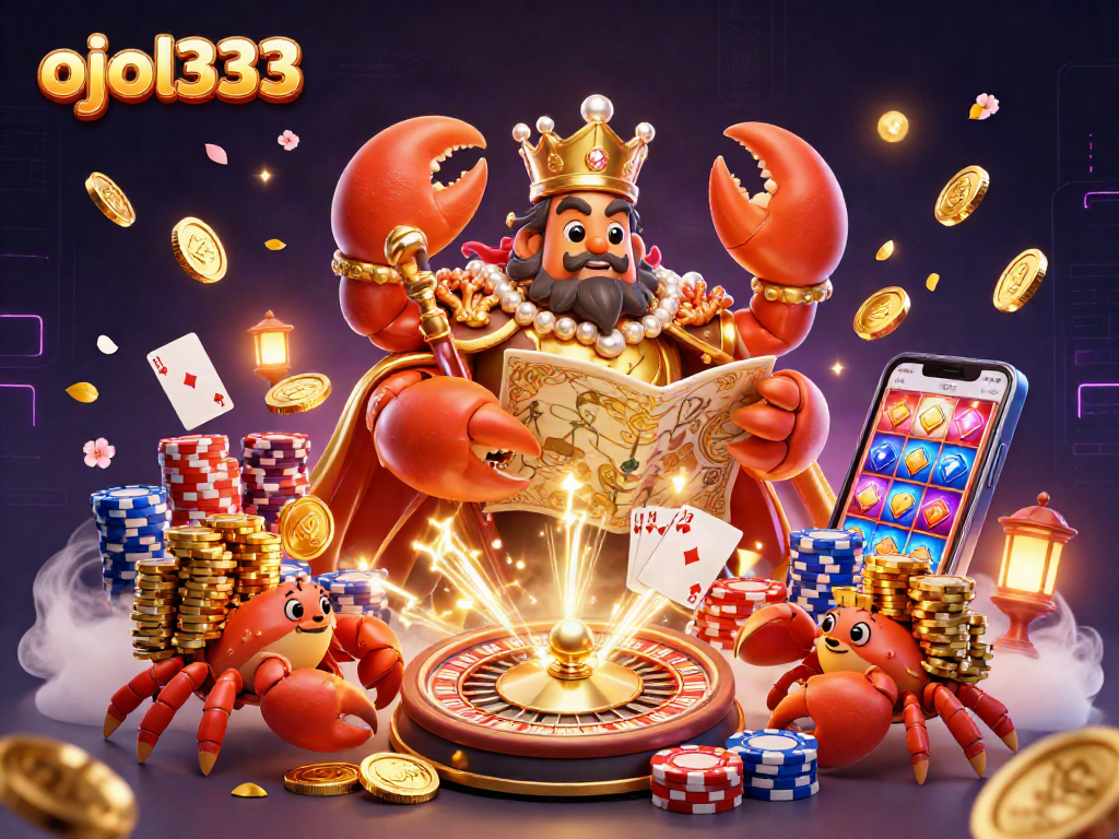 Experience thrilling gameplay with ojol333 as the golden crab emperor and treasure-filled scene come to life.