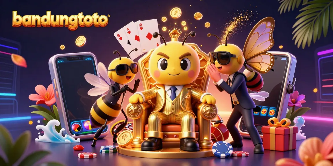 Engage with bandungtoto in an ultra-detailed casino scene showcasing vibrant slot games and playful characters.