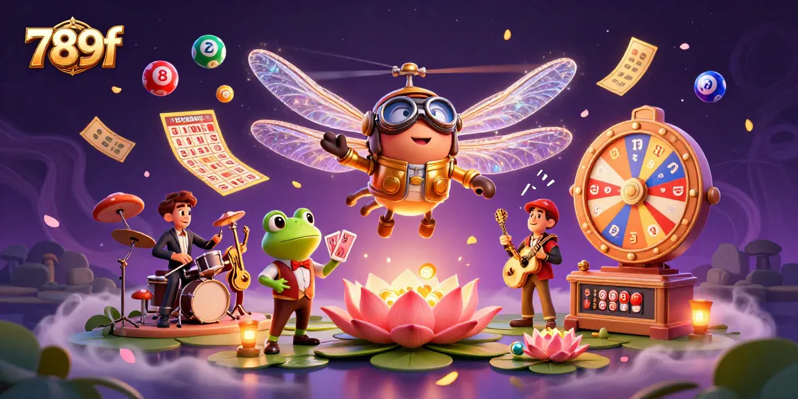 Engage in thrilling games at 789f as the dragonfly pilot oversees a bustling lily pad casino.
