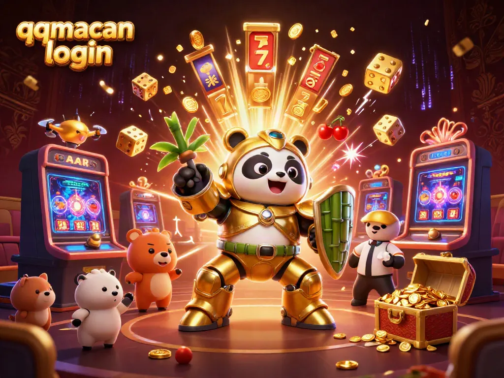 Engaging scene capturing the excitement of qqmacan login with a dynamic robot panda and casino elements.