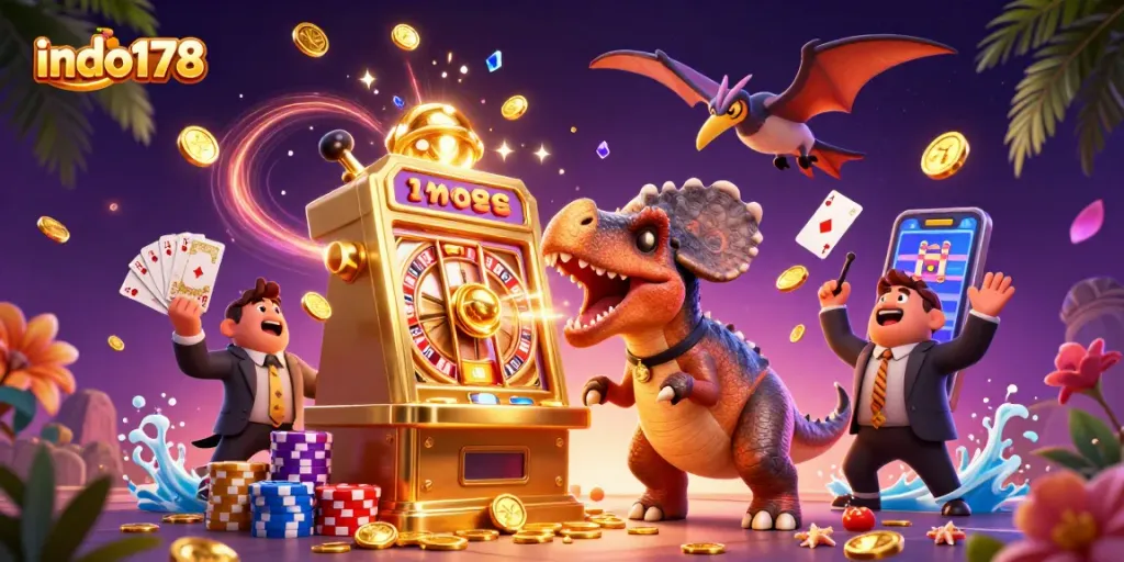 Catch the jackpot at indo178 with a pachycephalosaurus and golden slot machine action!