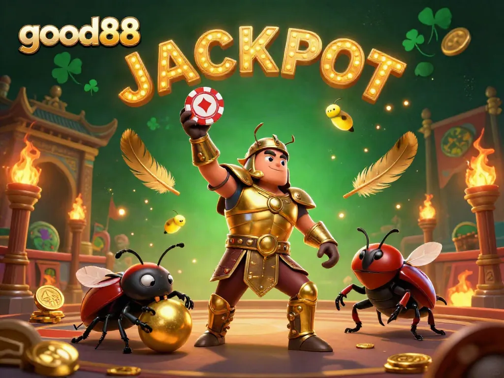 Experience the thrill of good88 with a victorious beetle champion in a vibrant casino setting, celebrating wins.