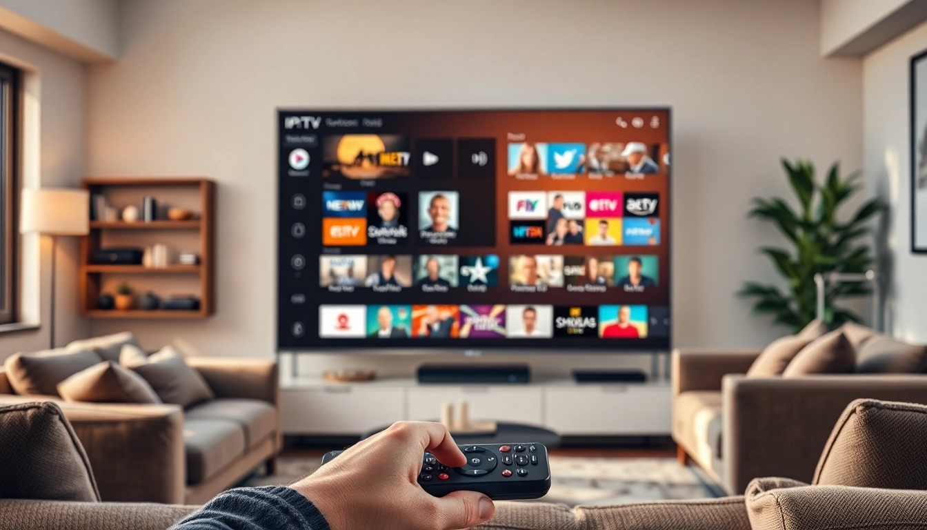 Engaging display of free trial iptv services on a large screen in a modern living room.