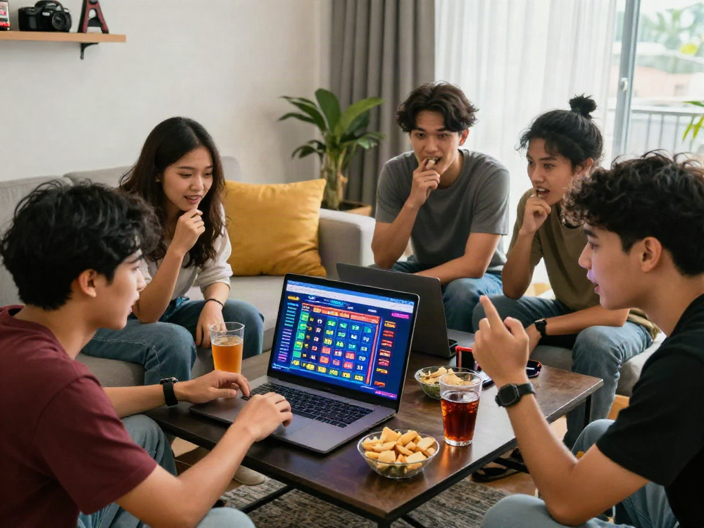 Friends engaging in a thrilling bandar ze togel online betting experience together in a lively living room.