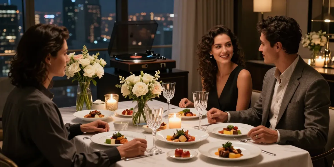 Momen mewah pasangan menikmati malam santai dengan luxury111 di penthouse urban.