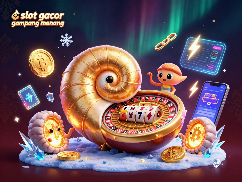 Engage with slot gacor gampang menang as the giant nautilus holds slot reels and cards in a vibrant casino-themed 3D scene.