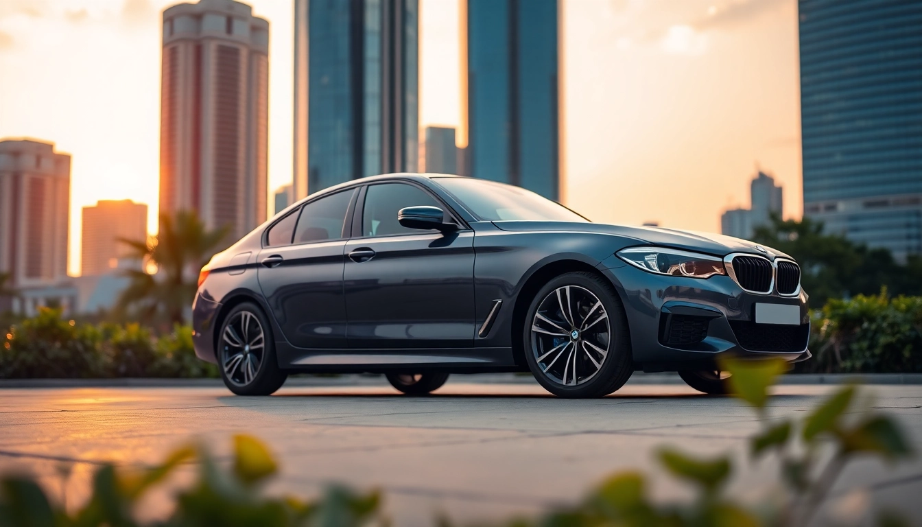 Showcasing the Luxury BMW car in an urban sunset backdrop highlighting elegance and sophistication.