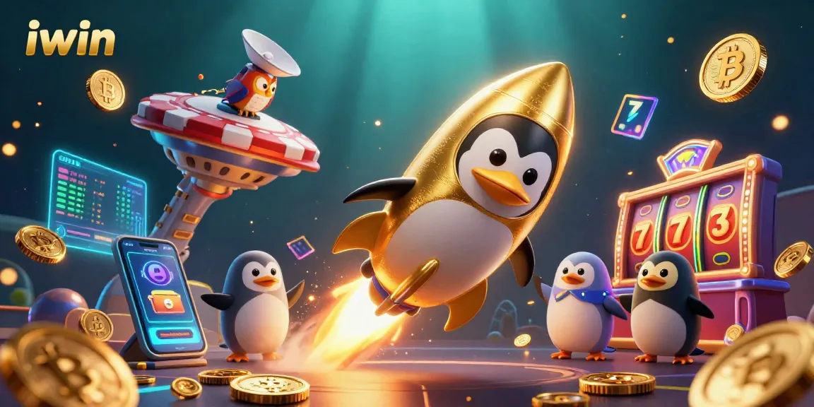 Experience the thrill of iwin with a vibrant scene of a rocket-powered penguin navigating a cosmic casino world.