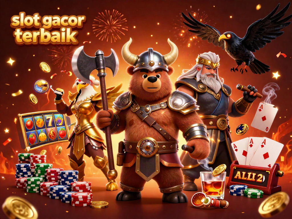 Visualisasi slot gacor terbaik dengan karakter Viking dan elemen kasino yang meriah.