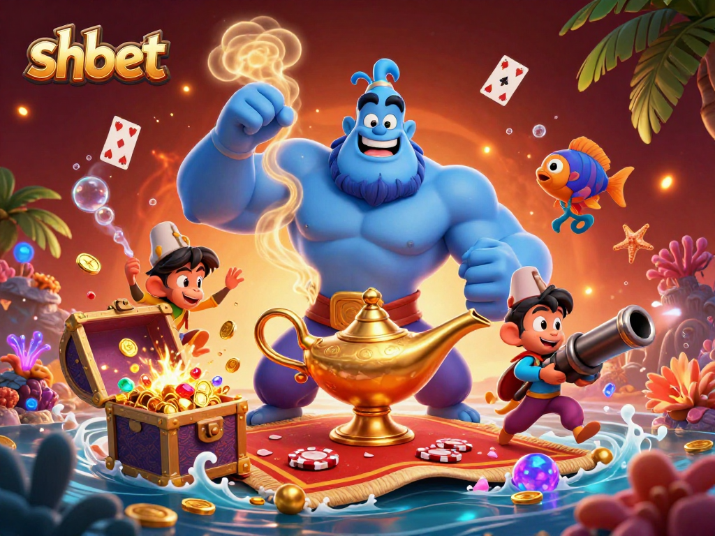 Experience thrilling wins with shbet in this vibrant 3D casino scene featuring a genie and poker chips.