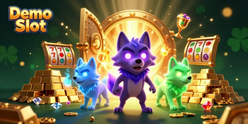 Experience thrilling gameplay with Demo Slot illustrations featuring ghostly wolves and treasure elements.
