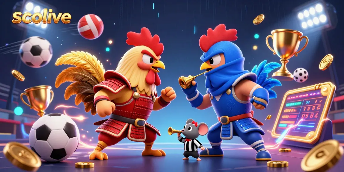 Socolive features a dynamic illustration of a standoff between cartoon fighting roosters in an energetic sports scene.