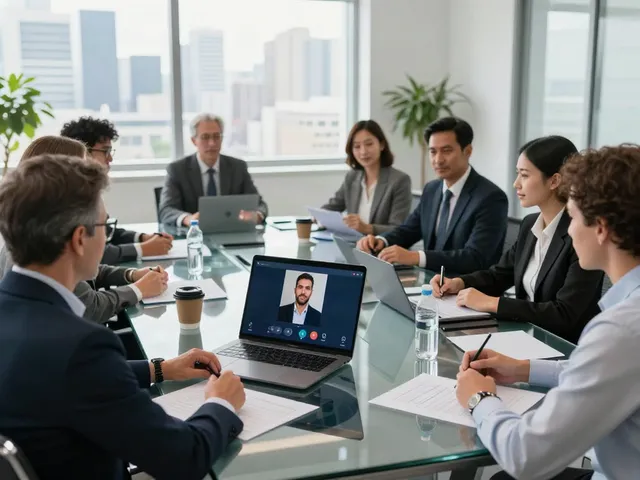 Deepfake protected meetings illustrating team collaboration in a modern conference room with video conferencing tools.