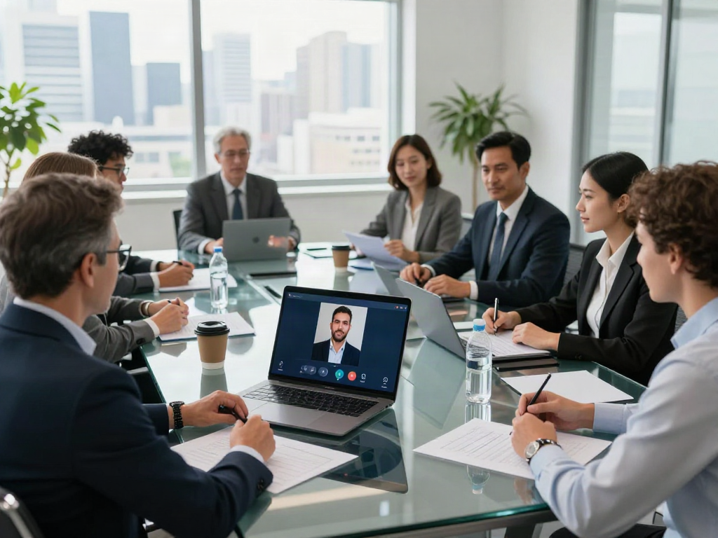 Deepfake protected meetings illustrating team collaboration in a modern conference room with video conferencing tools.