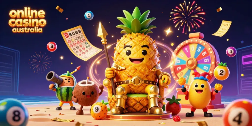 Experience the excitement of online casino Australia with vibrant illustrations of a playful gambling scene.
