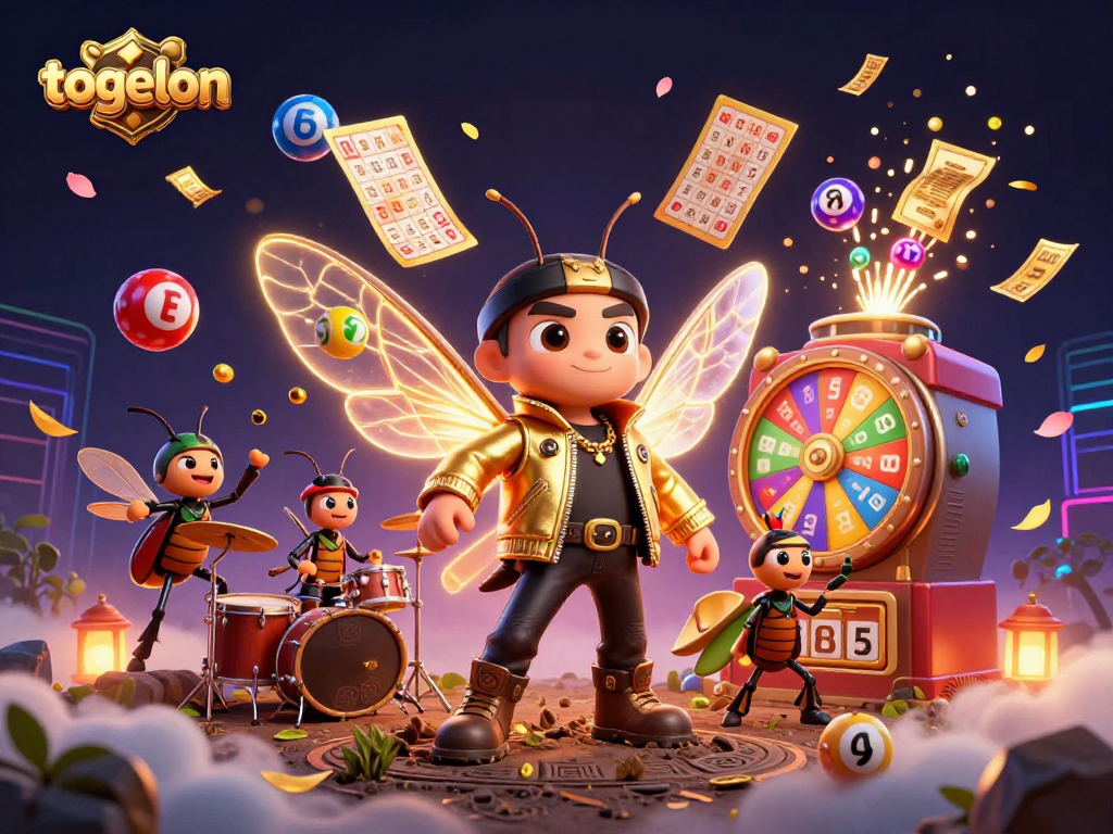 Engage in togelon lottery excitement with a vibrant 3D cicada rock star and dynamic game elements.