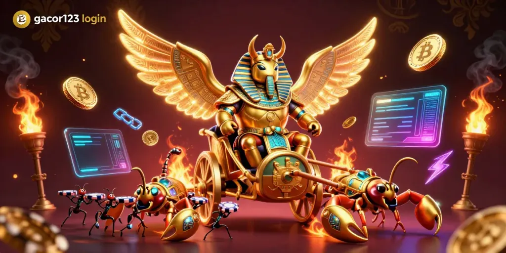Play exciting games at gacor123 login with vibrant golden characters and glowing crypto coins.