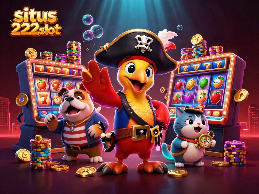 Slot permainan di situs 222slot dengan karakter kartun bajak laut dan simbol keberuntungan berkilau.