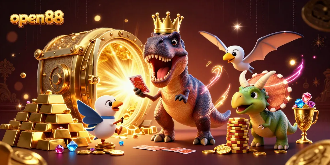 Experience thrilling gameplay at open88 with a 3D T-Rex card dealer, dazzling gems, and golden treasures.