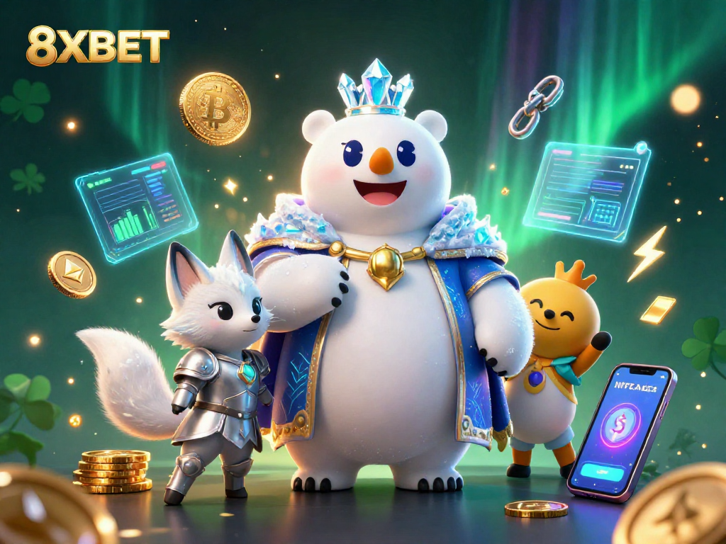 Experience thrilling gaming at 8XBET with a 3D cartoon scene featuring a polar bear and snow fox.