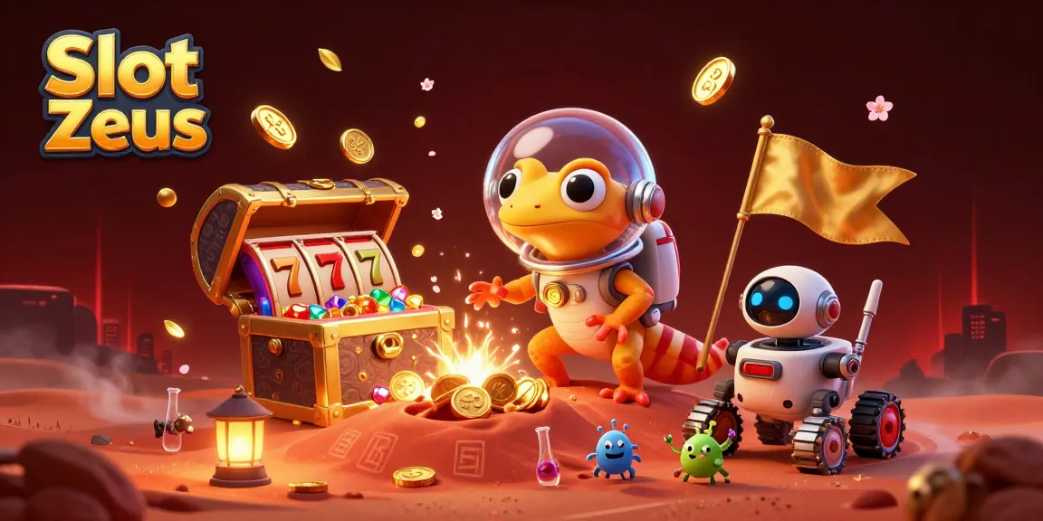 Slot Zeus mempersembahkan gecko Mars beraksi di kasino emas, permainan slot mengelilinginya.