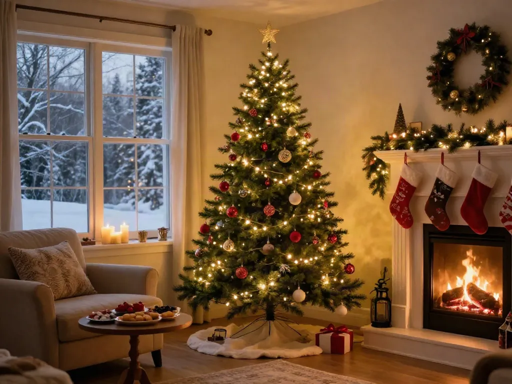 Beautifully decorated pre-lit pencil slim Christmas tree in a cozy living room.