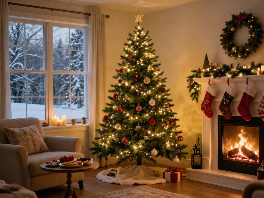Beautifully decorated pre-lit pencil slim Christmas tree in a cozy living room.