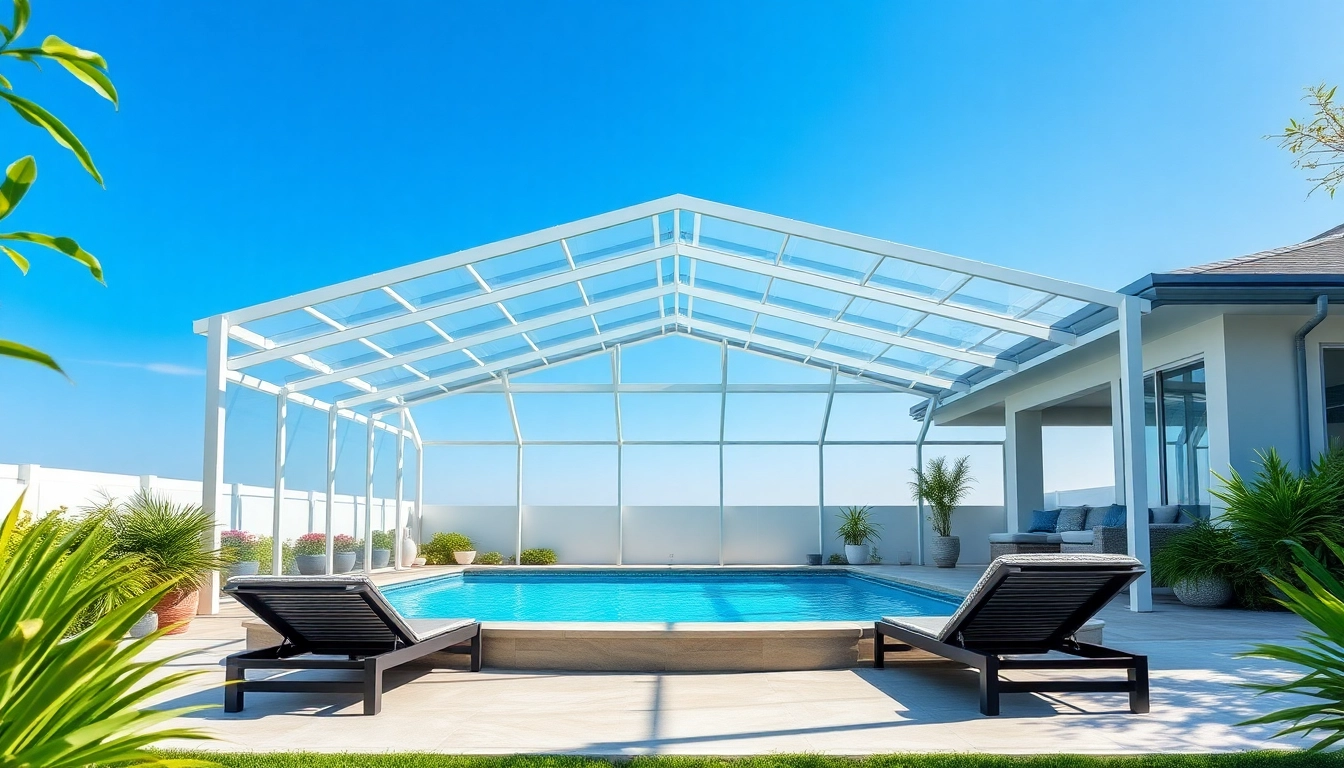 Showcasing a modern Pool Enclosure in a tranquil backyard with bright green foliage and a clear blue pool.