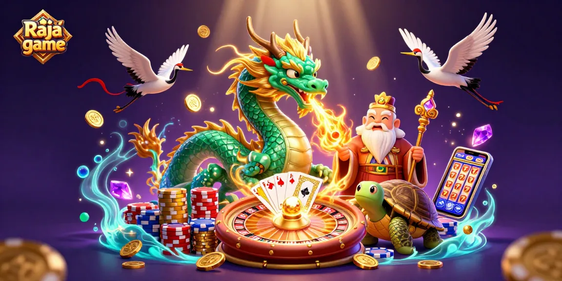 Engage with the thrilling Raja game, featuring a dragon, turtle sage, and cranes amidst dazzling casino elements.