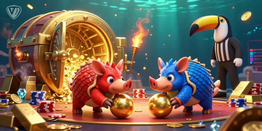 Experience vibrant casino action at V79 with cartoon pangolins bowling through poker chips