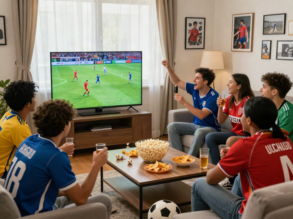 Menonton bola gratis dengan teman-teman di ruang tamu yang hangat dan ceria.