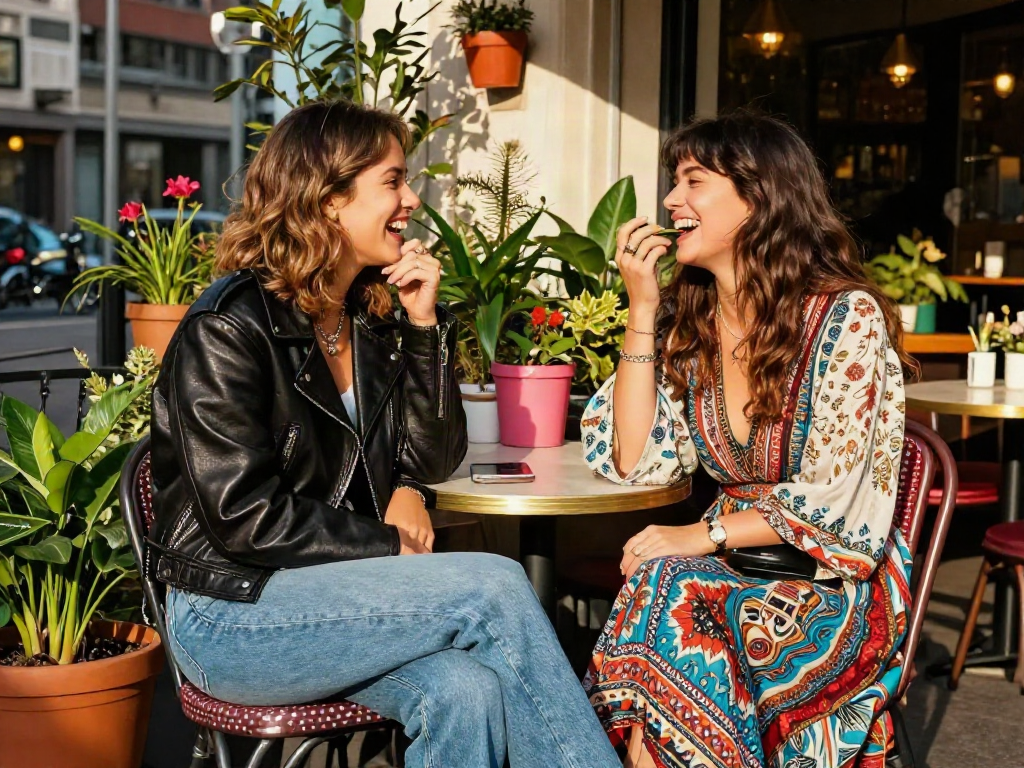 Two celebrities that look alike enjoying a stylish moment in an urban café