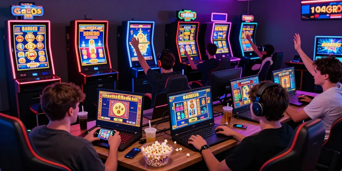 Excited players enjoying slot gacor games on various devices in a vibrant gaming environment.