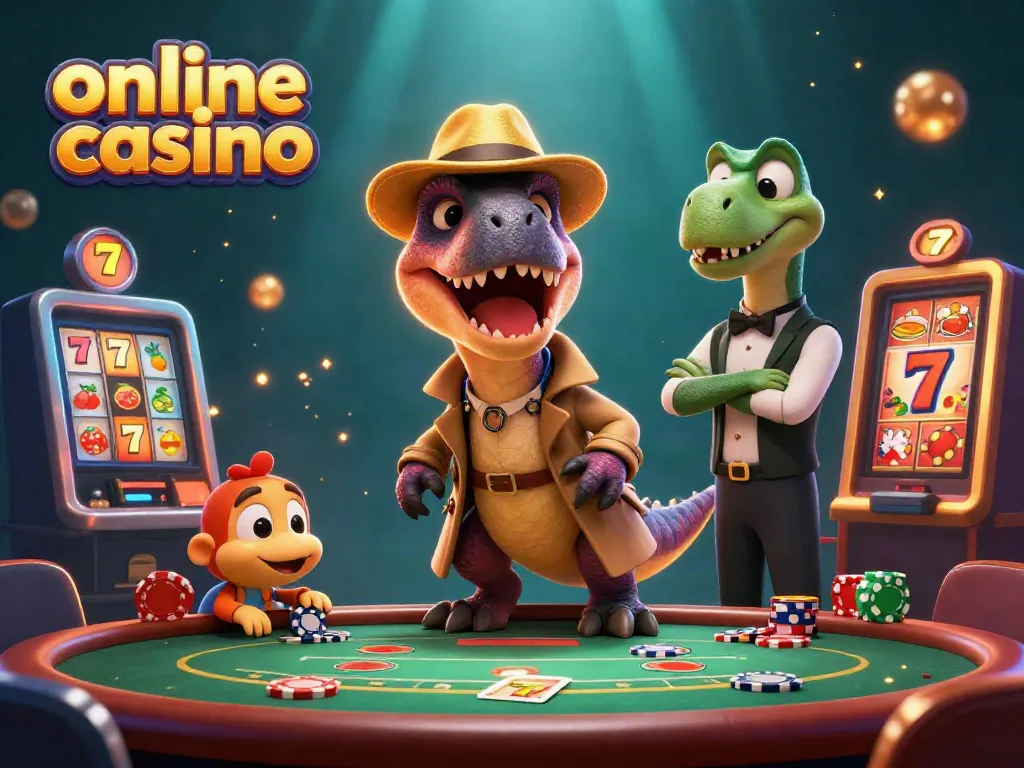Engaging online casino scene with animated characters, blackjack table, and dynamic game elements.