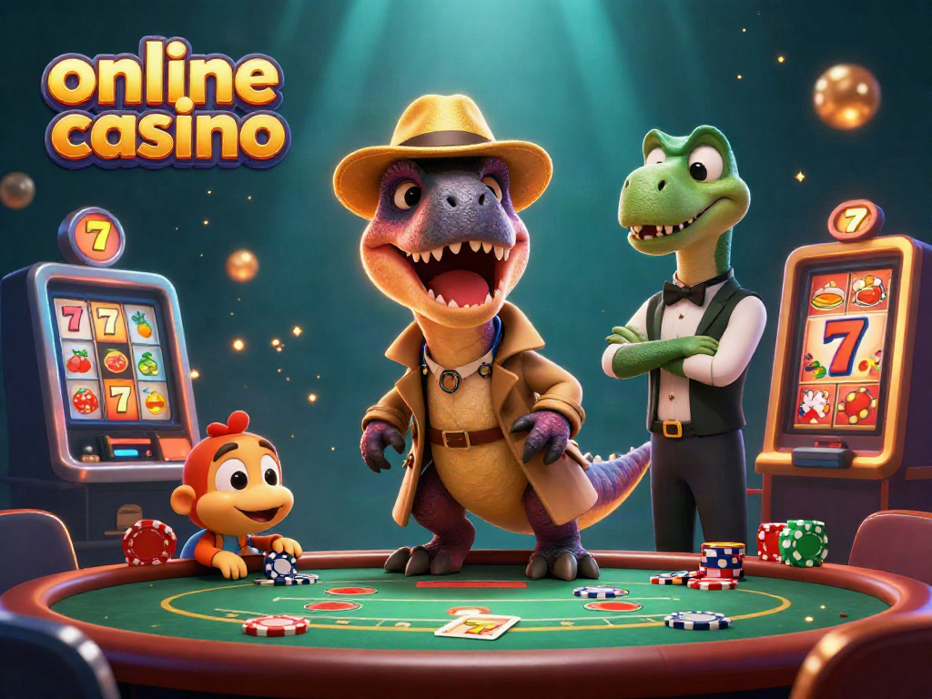 Engaging online casino scene with animated characters, blackjack table, and dynamic game elements.