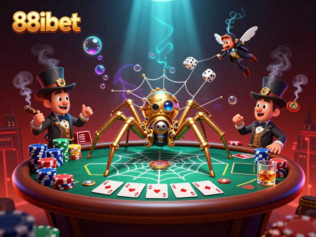 88ibet showcases a vibrant 3D steampunk casino scene with intricate gold webbing and playful characters.