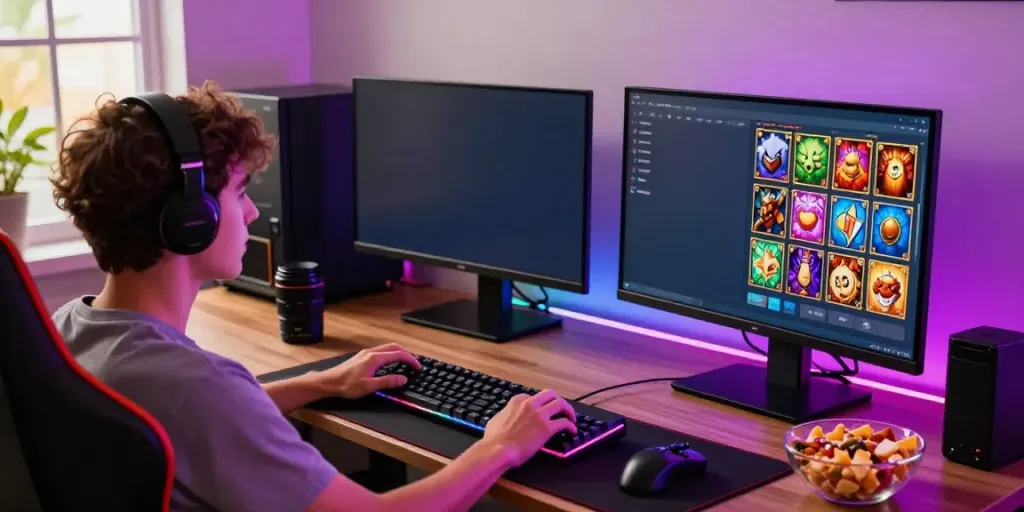 Exciting gaming setup featuring a player enjoying ทดลองสล็อต on a high-resolution monitor, colorful LED lights, and a lively atmosphere.