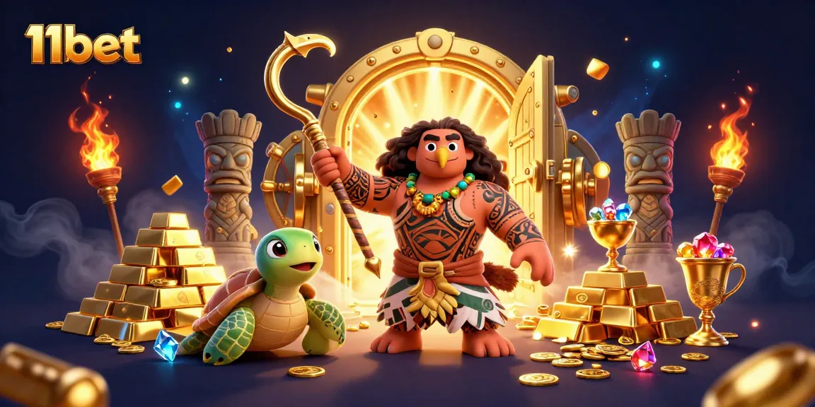 Experience thrilling wins at 11bet with a vibrant 3D scene featuring a demigod and treasures.