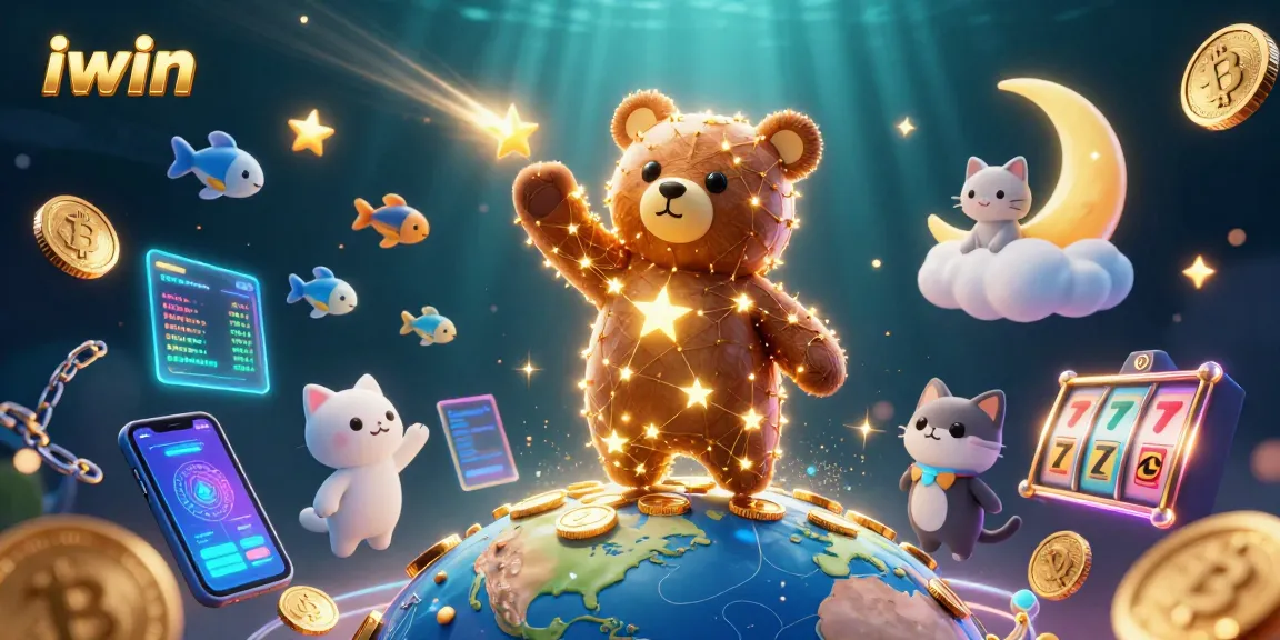 Engage with iwin's vibrant casino universe featuring a constellation bear amidst slot reels and coins.