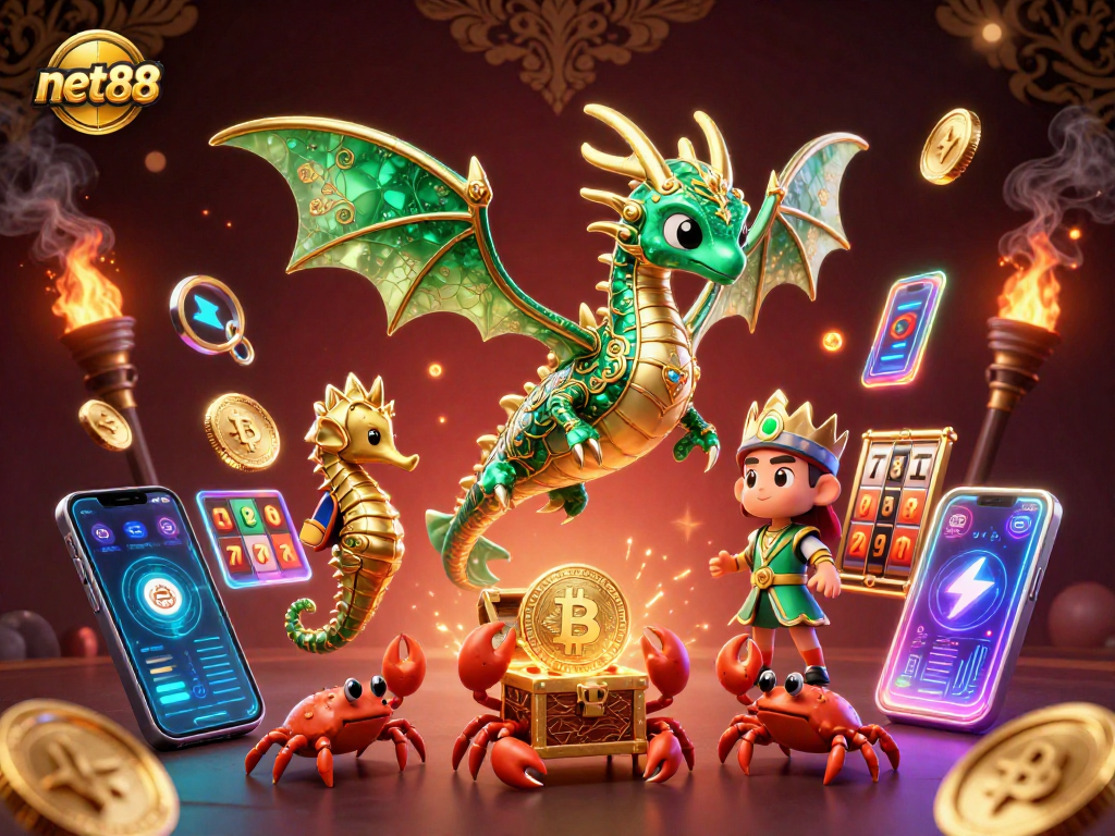 Engage in thrilling gaming with net88, showcasing a vibrant casino scene enriched by crypto elements.