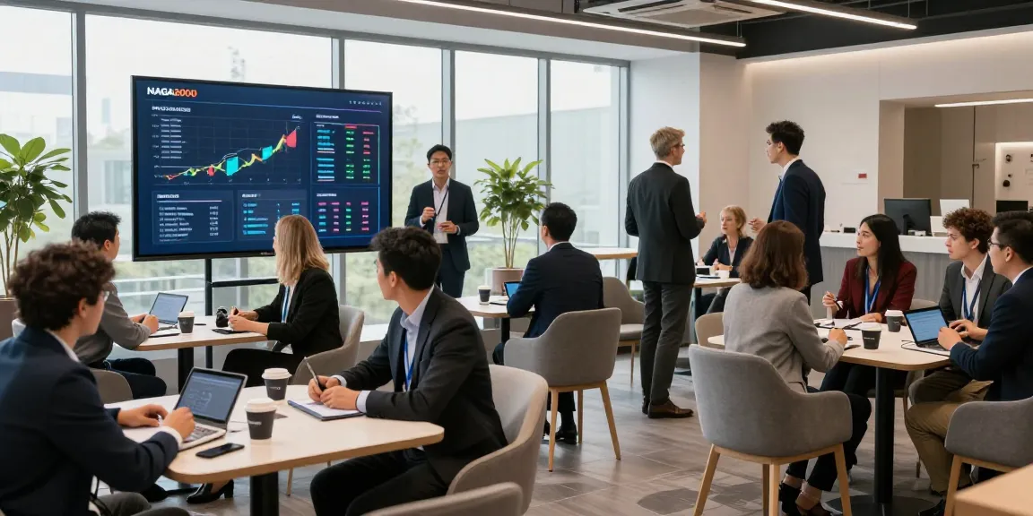 Dynamic conference scene showcasing NAGA2000 branding in a modern fintech environment.