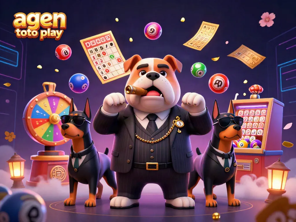 A dynamic scene of a mafia boss bulldog and guards amidst vibrant gaming elements, promoting agen toto play online.