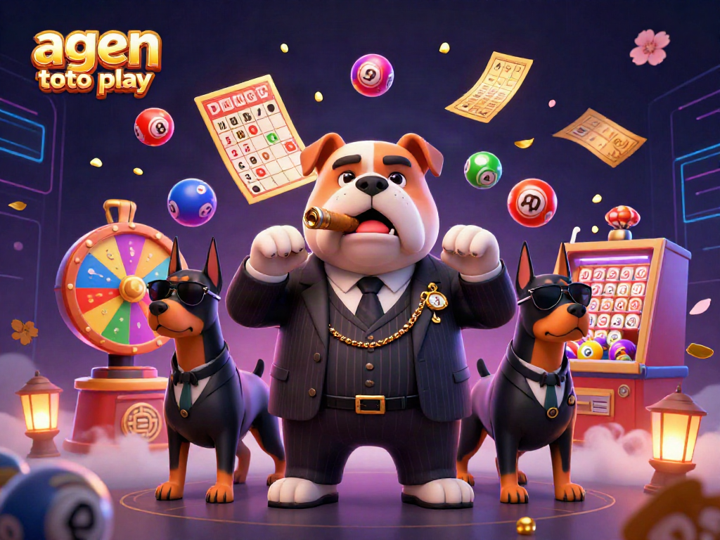 A dynamic scene of a mafia boss bulldog and guards amidst vibrant gaming elements, promoting agen toto play online.