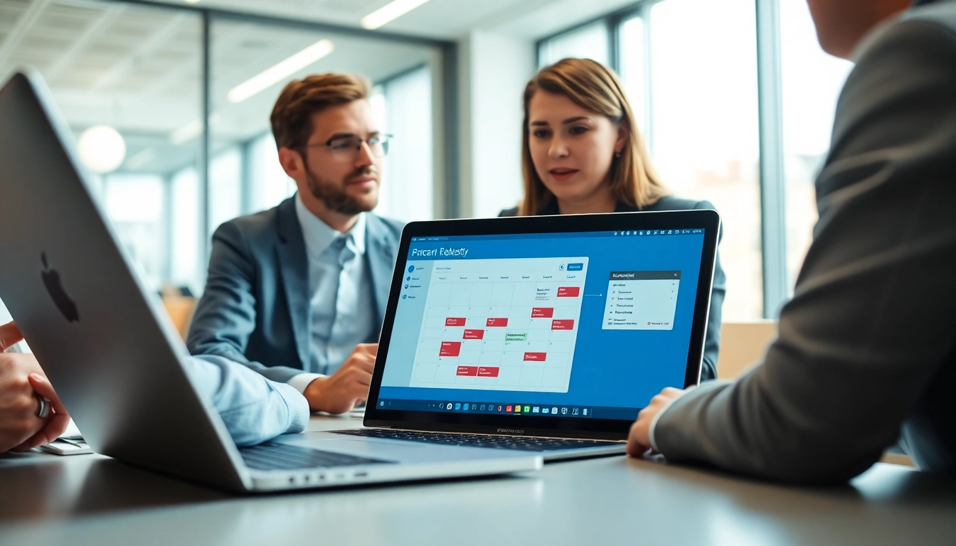 Automate sales meeting scheduling in a professional setting with two business people engaged over a laptop.