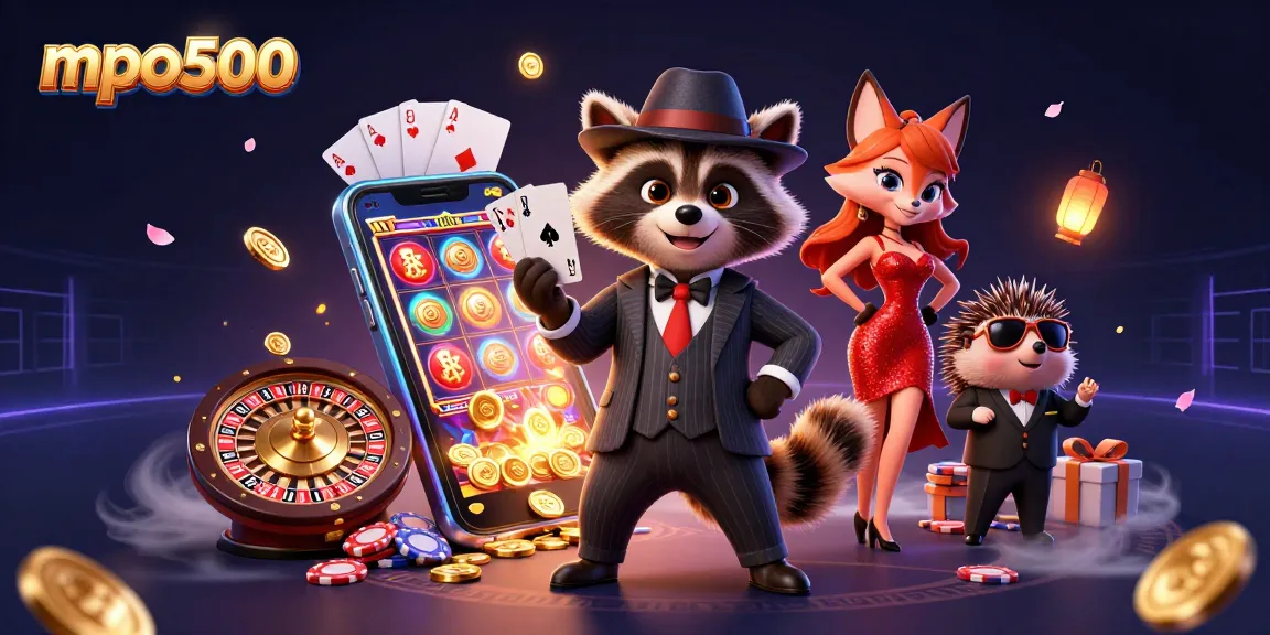 Experience high-stakes excitement with mpo500, featuring charismatic characters in a vibrant casino scene.
