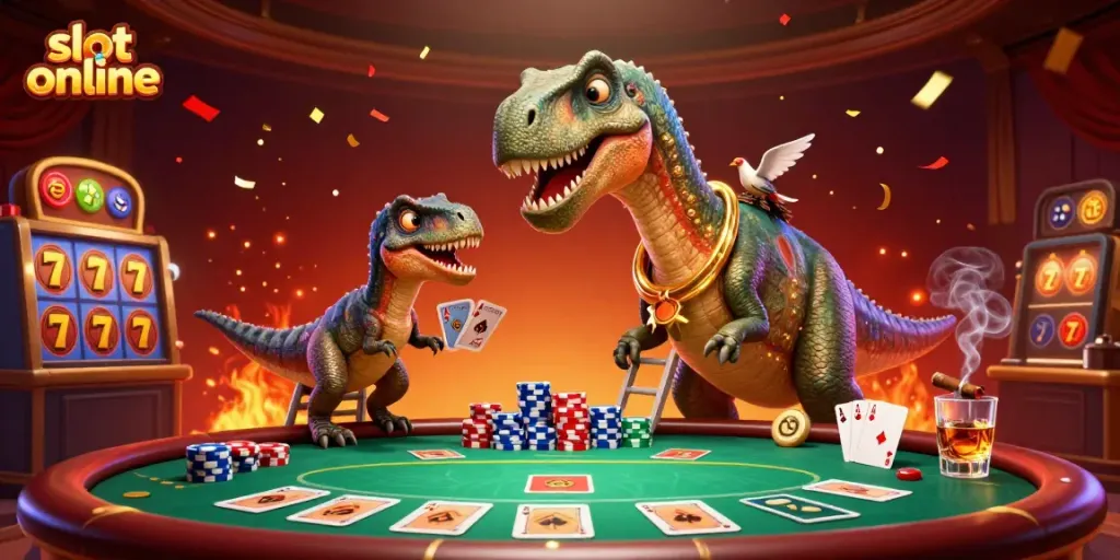 Experience excitement with slot online as a brontosaurus overlooks a vibrant casino scene amidst colorful poker elements.