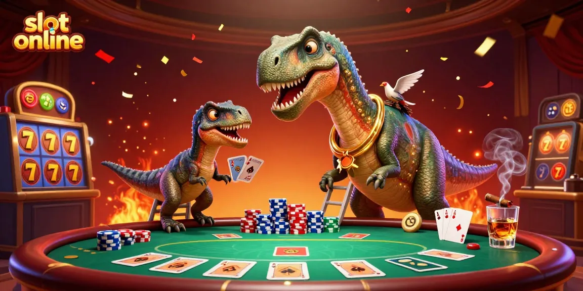 Experience excitement with slot online as a brontosaurus overlooks a vibrant casino scene amidst colorful poker elements.